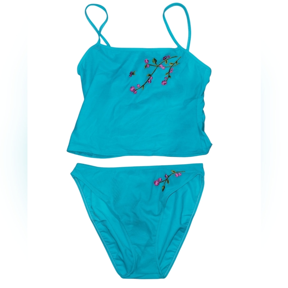 Vtg Y2k Oscar By Oscar de la Renta Tankini Floral Blue L Mint 2 Piece